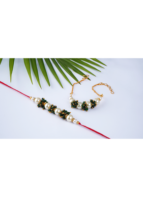 Handcrafted combo of off white pearl n green bead cluster pearl rakhi bracelet set for bhaiya,brother,couple pair rakhi 4