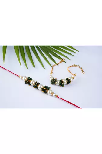 Handcrafted combo of off white pearl n green bead cluster pearl rakhi bracelet set for bhaiya,brother,couple pair rakhi