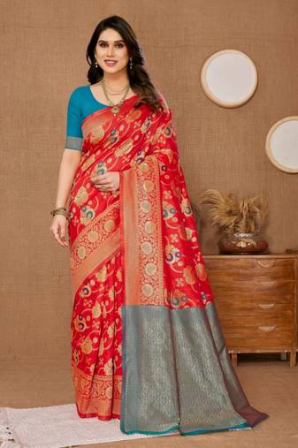 Red Printed Banarasi silk blend Saree With Blouse