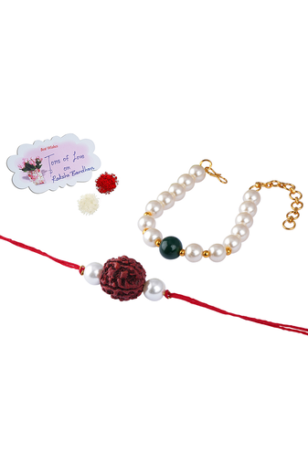 Handmade rakhi for brother combo couple pair rudraksha rakhi n onyx pearl bracelet set for bhaiya fancy rakhi