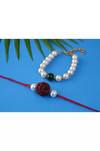 Handmade rakhi for brother combo couple pair rudraksha rakhi n onyx pearl bracelet set for bhaiya fancy rakhi