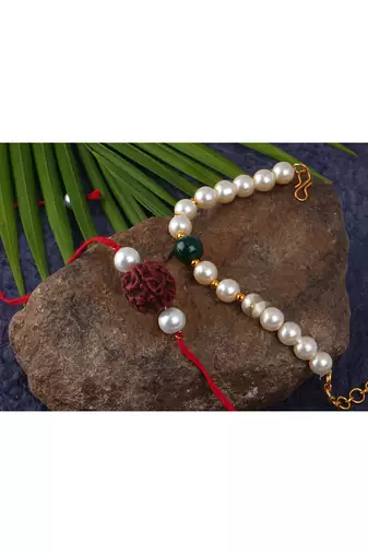 Handmade rakhi for brother combo couple pair rudraksha rakhi n onyx pearl bracelet set for bhaiya fancy rakhi