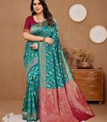 Blue Printed Banarasi silk blend Saree With Blouse