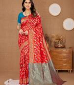 Red Printed Banarasi silk blend Saree With Blouse