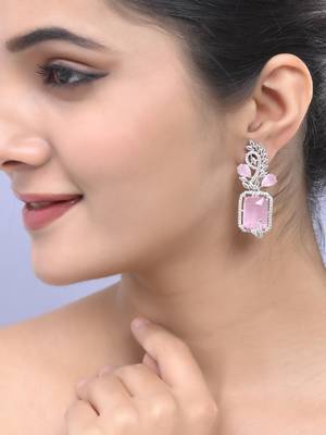 Pink american dimond & silver plated drop earrings 1