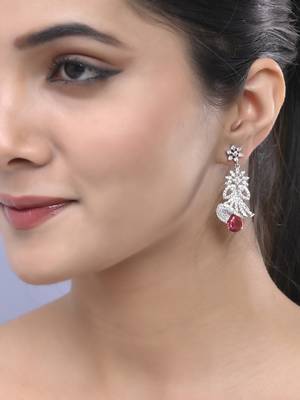 Red american dimond & silver plated long earrings 1