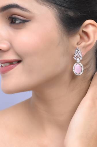 Pink american dimond & silver plated drop earrings