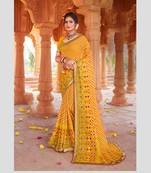 Yellow leheriya embroidered designer chiffon saree