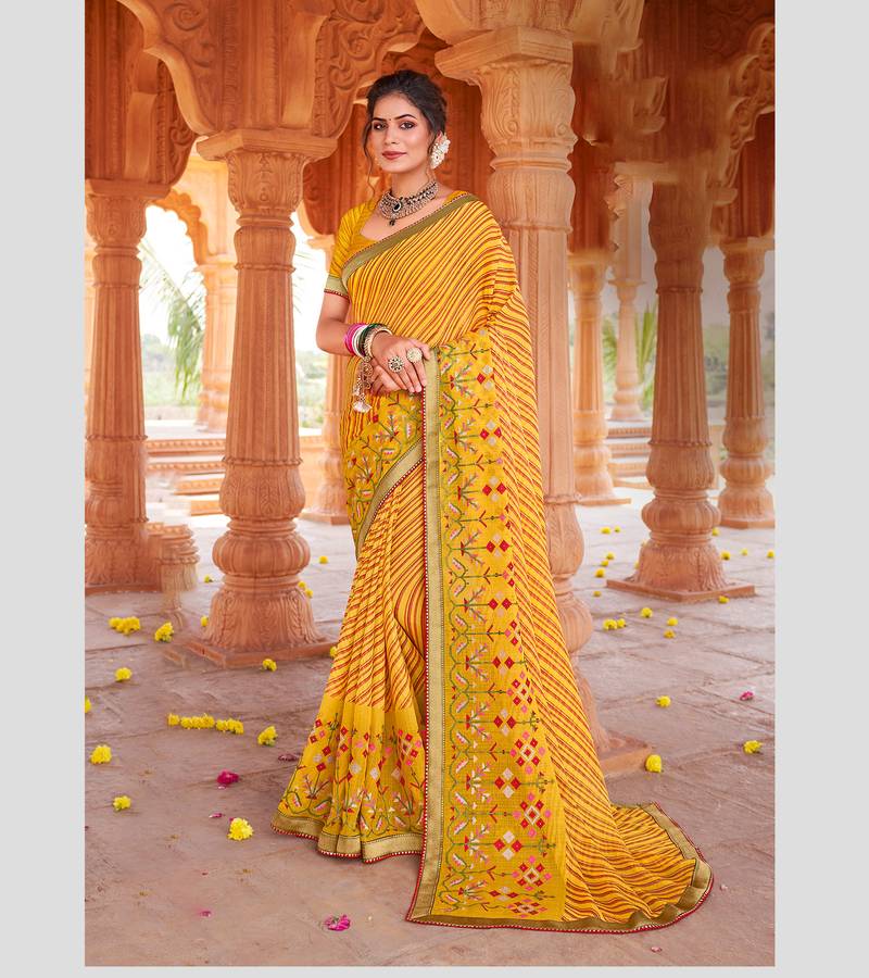 Yellow leheriya embroidered designer chiffon saree