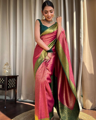 Pink Designer Weaving Jacquard Faux Banarasi Soft Silk Traditional Saree 1