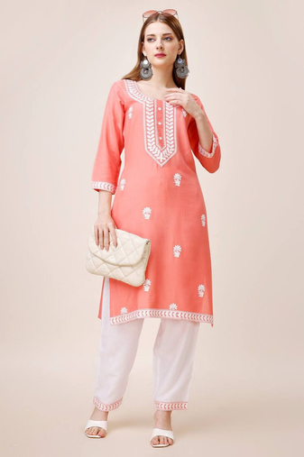 Peach designerriyon cotton ready to wear kurta