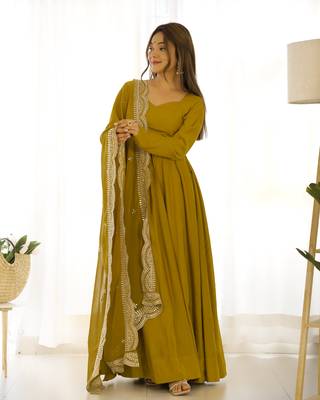Roman Silk Chanderi Fabric Fully Flair Gown, With Duppta And Pent 5