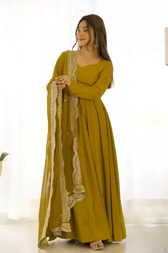 Roman Silk Chanderi Fabric Fully Flair Gown, With Duppta And Pent