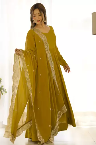Roman Silk Chanderi Fabric Fully Flair Gown, With Duppta And Pent