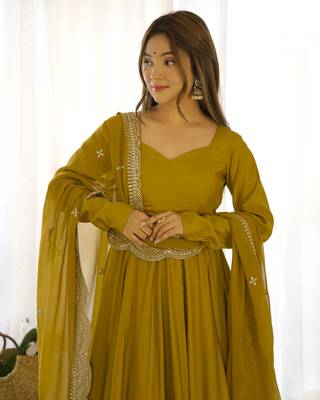 Roman Silk Chanderi Fabric Fully Flair Gown, With Duppta And Pent 7