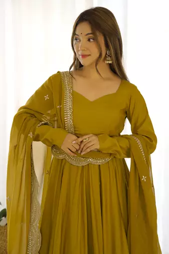 Roman Silk Chanderi Fabric Fully Flair Gown, With Duppta And Pent