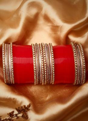 Set Of 24 Gold-Plated Red AD Stone Studded Chuda Set 1
