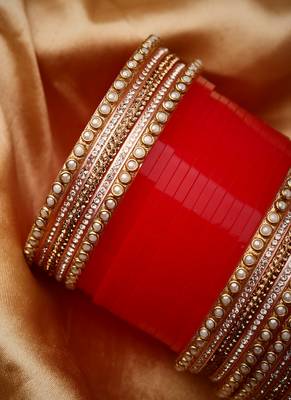 Set Of 24 Gold-Plated Red AD Stone Studded Chuda Set 3