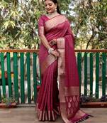Rani Pink Amrapali silk bland Patola design zari border saree with Blouse