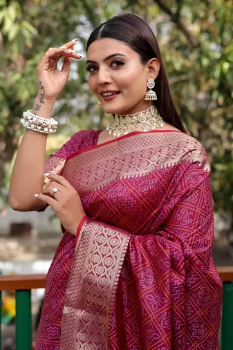 Rani Pink Amrapali silk bland Patola design zari border saree with Blouse