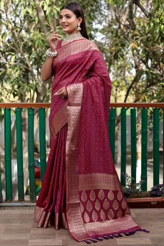 Rani Pink Amrapali silk bland Patola design zari border saree with Blouse