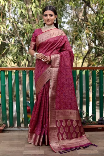 Rani Pink Amrapali silk bland Patola design zari border saree with Blouse