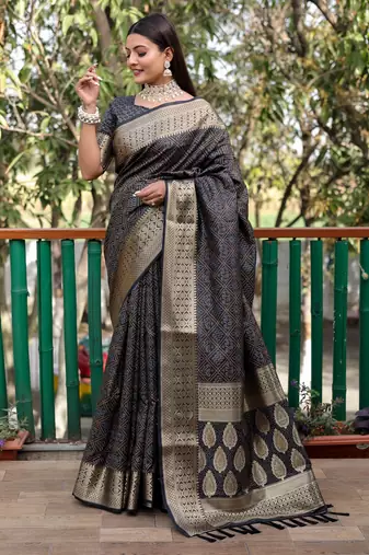 Navy Blue Amrapali silk bland Patola design zari border saree with Blouse