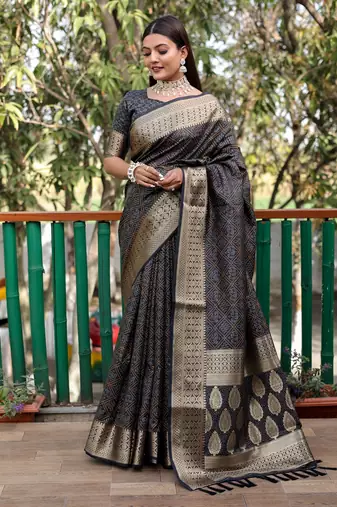 Navy Blue Amrapali silk bland Patola design zari border saree with Blouse