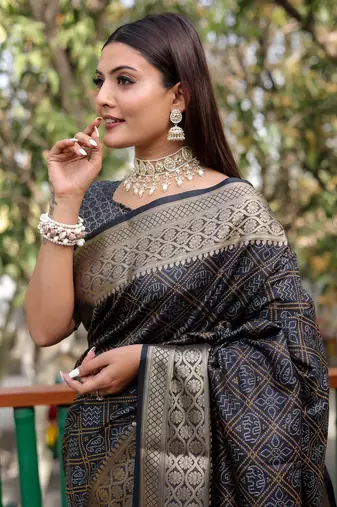 Navy Blue Amrapali silk bland Patola design zari border saree with Blouse