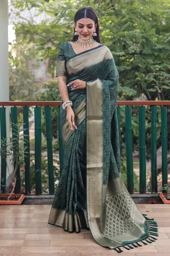 Green Bandhani Style silk bland Golden zari border sareee with Blouse