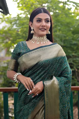 Green Bandhani Style silk bland Golden zari border sareee with Blouse