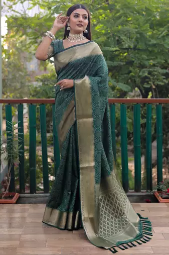 Green Bandhani Style silk bland Golden zari border sareee with Blouse