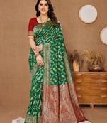 Green Printed Banarasi silk blend Saree With Blouse