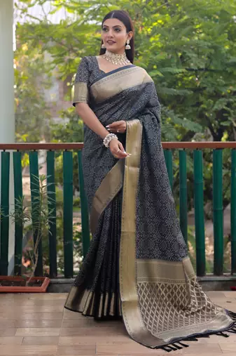 Navy Blue Bandhani Style silk bland Golden zari border sareee with Blouse