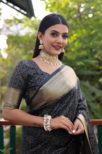 Navy Blue Bandhani Style silk bland Golden zari border sareee with Blouse