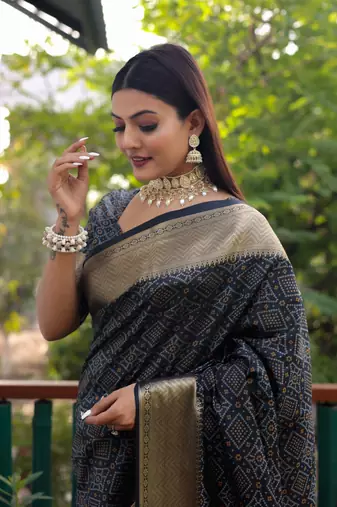 Navy Blue Bandhani Style silk bland Golden zari border sareee with Blouse