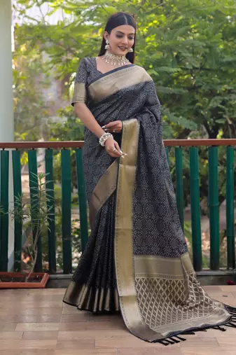Navy Blue Bandhani Style silk bland Golden zari border sareee with Blouse