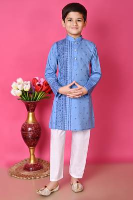 Nfc creation printed blue pure cotton kurta and pajama set for boys 1