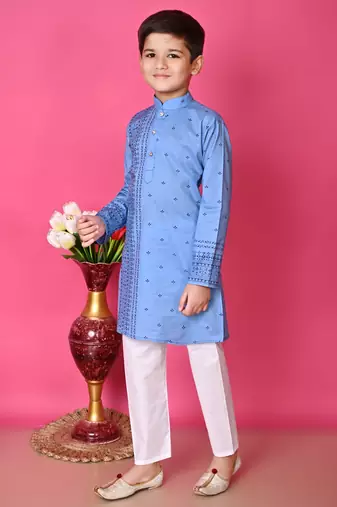 Nfc creation printed blue pure cotton kurta and pajama set for boys