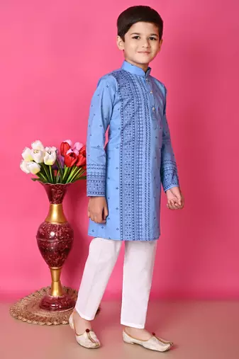 Nfc creation printed blue pure cotton kurta and pajama set for boys