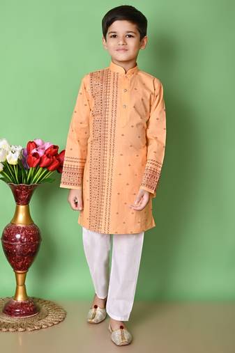 Nfc creation printed peach pure cotton kurta and pajama set for boys
