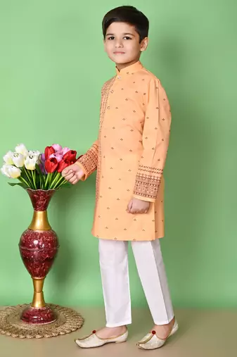 Nfc creation printed peach pure cotton kurta and pajama set for boys