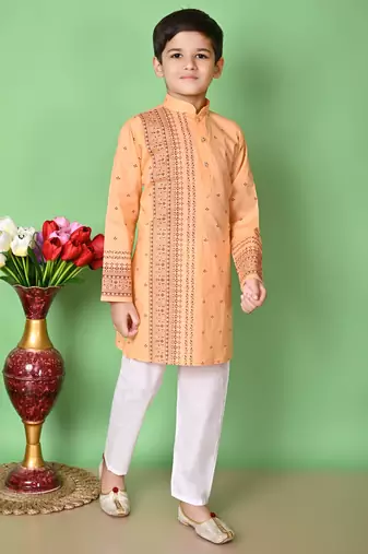 Nfc creation printed peach pure cotton kurta and pajama set for boys