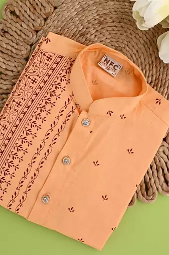 Nfc creation printed peach pure cotton kurta and pajama set for boys