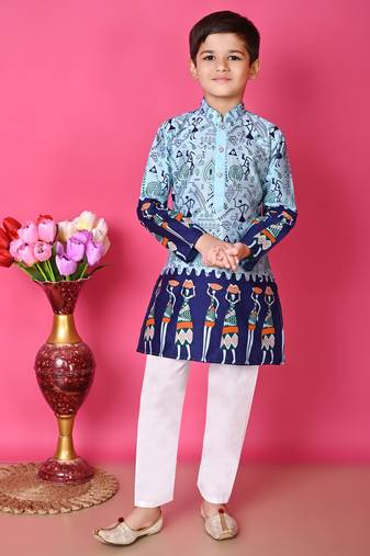 Nfc creation printed blue dupion silk kurta and cotton pajama set for boys