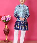printed blue dupion silk kurta and cotton pajama set for boys