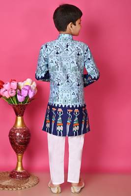 printed blue dupion silk kurta and cotton pajama set for boys 2