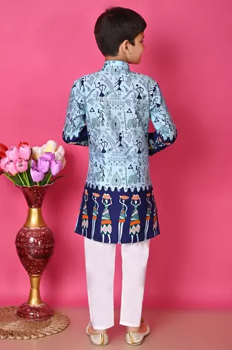 printed blue dupion silk kurta and cotton pajama set for boys