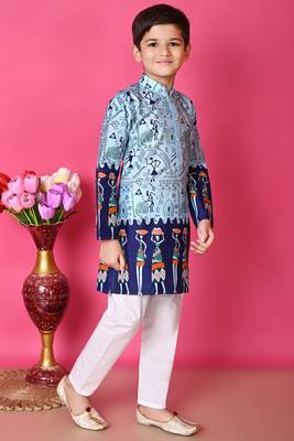 printed blue dupion silk kurta and cotton pajama set for boys 3