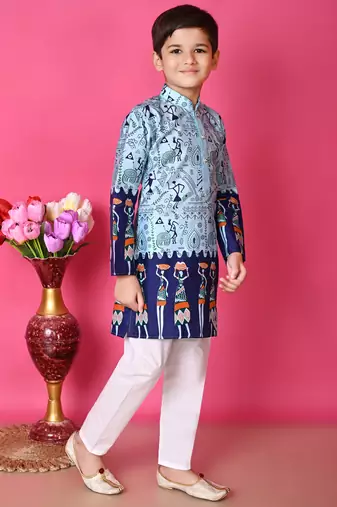 printed blue dupion silk kurta and cotton pajama set for boys